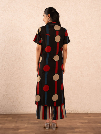 Black Polka Dot & Stripe Print Kurta with Palazzo Set