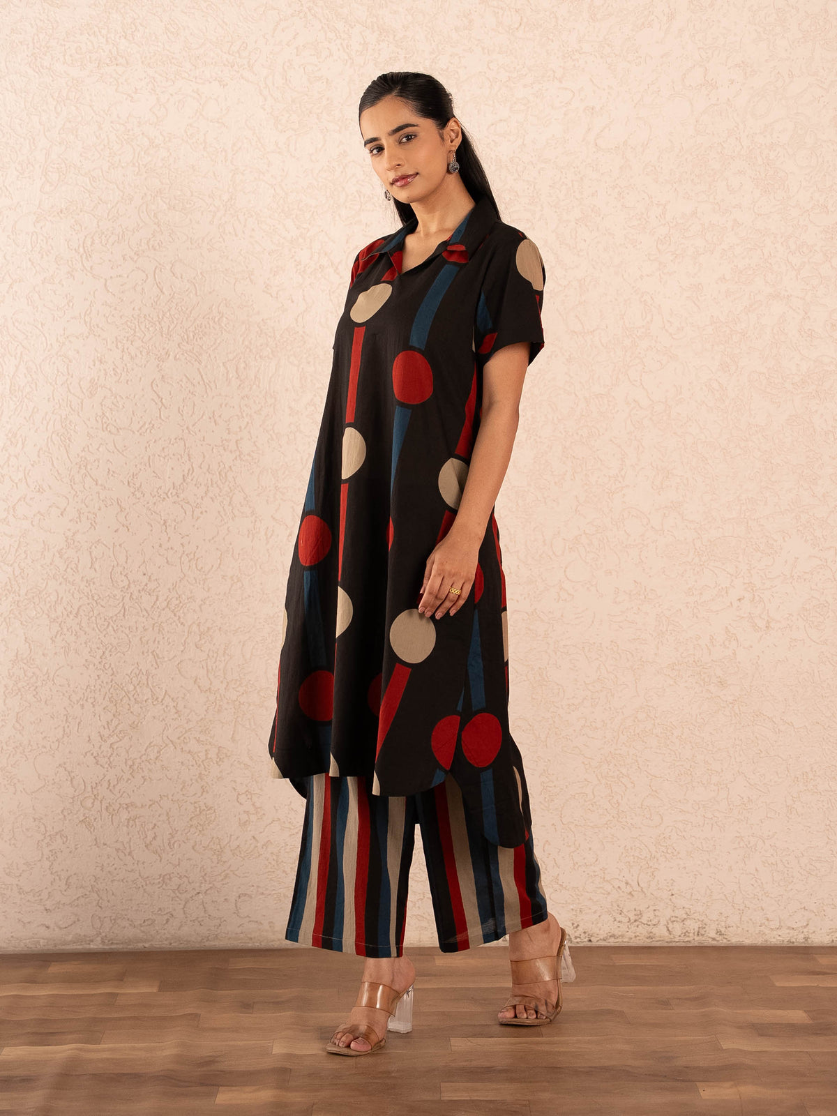 Black Polka Dot & Stripe Print Kurta with Palazzo Set