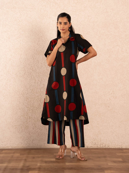 Black Polka Dot & Stripe Print Kurta with Palazzo Set