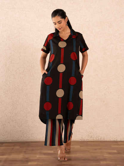 Black Polka Dot & Stripe Print Kurta with Palazzo Set