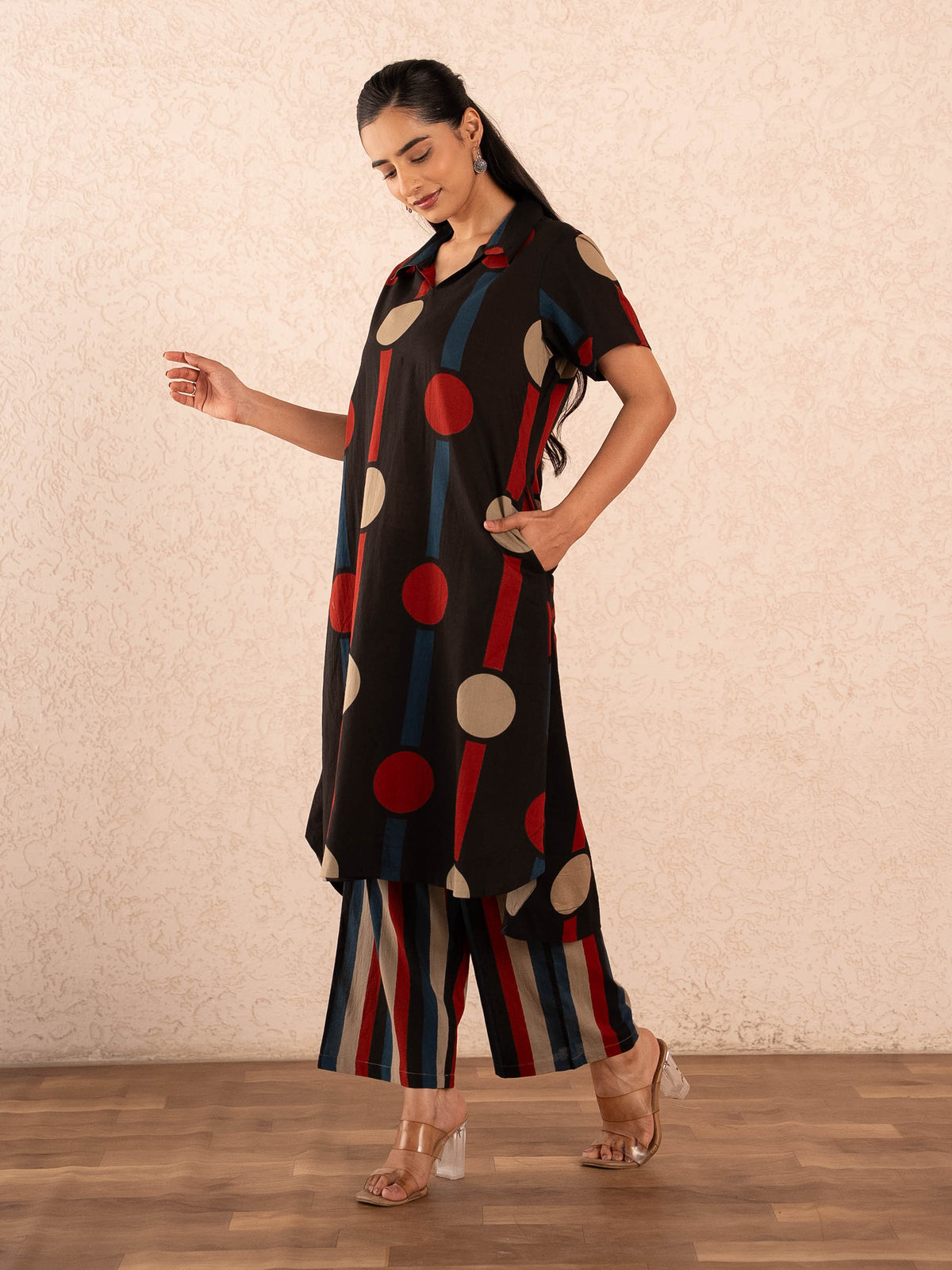 Black Polka Dot & Stripe Print Kurta with Palazzo Set