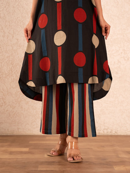 Black Polka Dot & Stripe Print Kurta with Palazzo Set