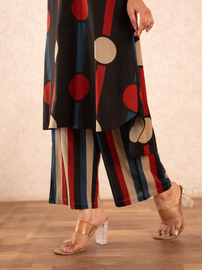 Black Polka Dot & Stripe Print Kurta with Palazzo Set
