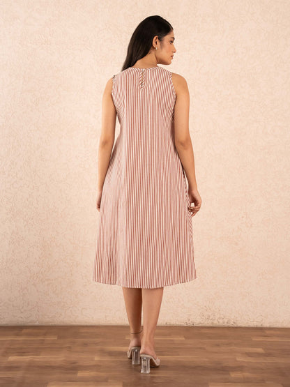 Rust Brown Striped Sleeveless A-Line Cotton Dress