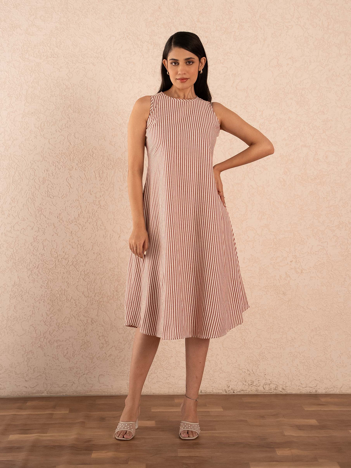 Rust Brown Striped Sleeveless A-Line Cotton Dress