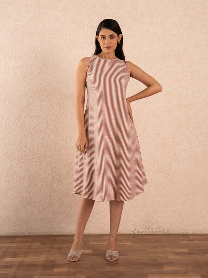 Rust Brown Striped Sleeveless A-Line Cotton Dress