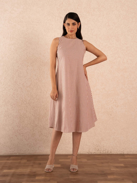 Rust Brown Striped Sleeveless A-Line Cotton Dress