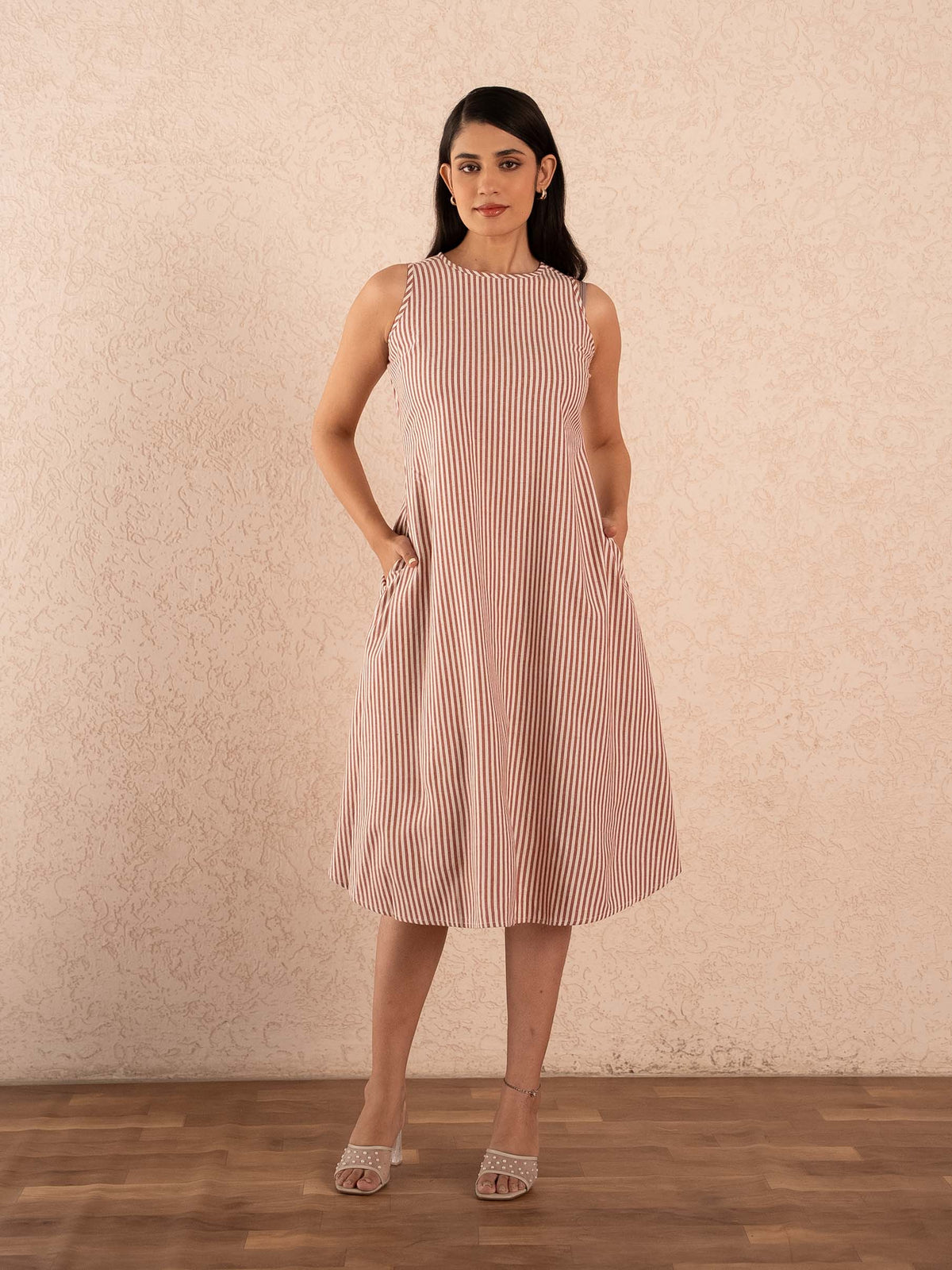 Rust Brown Striped Sleeveless A-Line Cotton Dress
