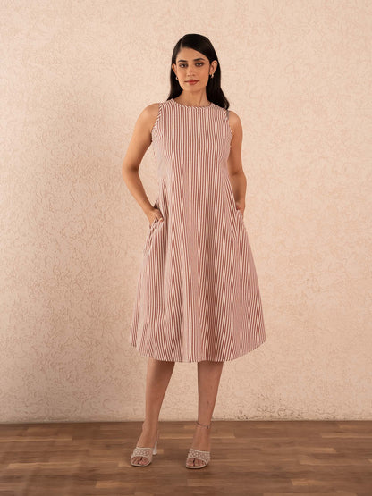 Rust Brown Striped Sleeveless A-Line Cotton Dress