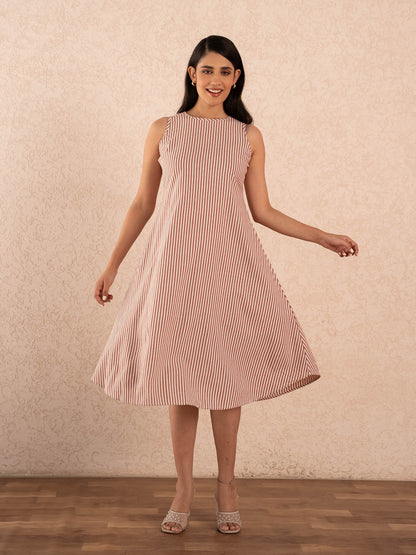 Rust Brown Striped Sleeveless A-Line Cotton Dress