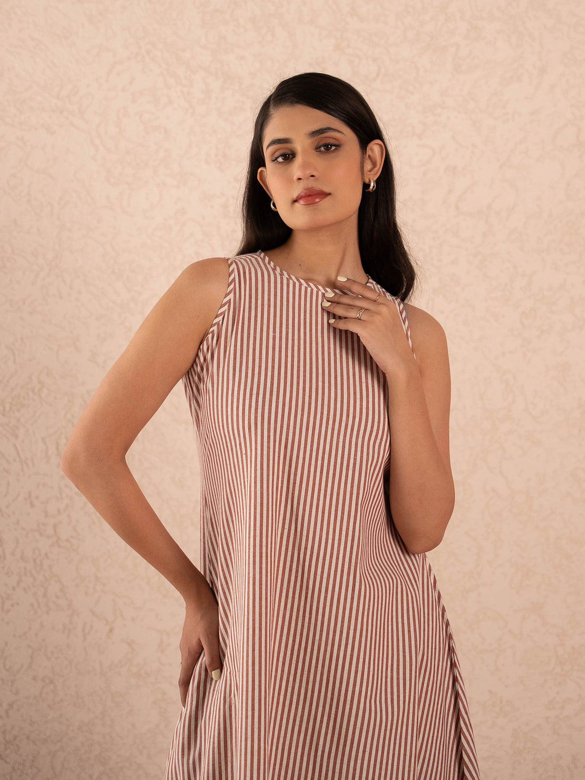 Rust Brown Striped Sleeveless A-Line Cotton Dress