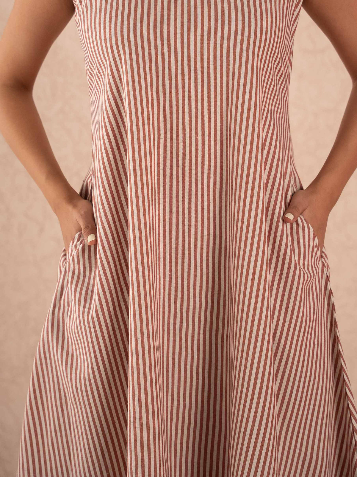 Rust Brown Striped Sleeveless A-Line Cotton Dress