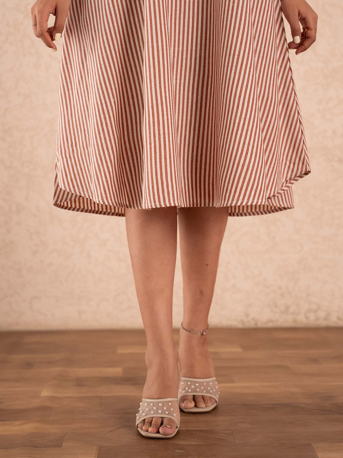 Rust Brown Striped Sleeveless A-Line Cotton Dress