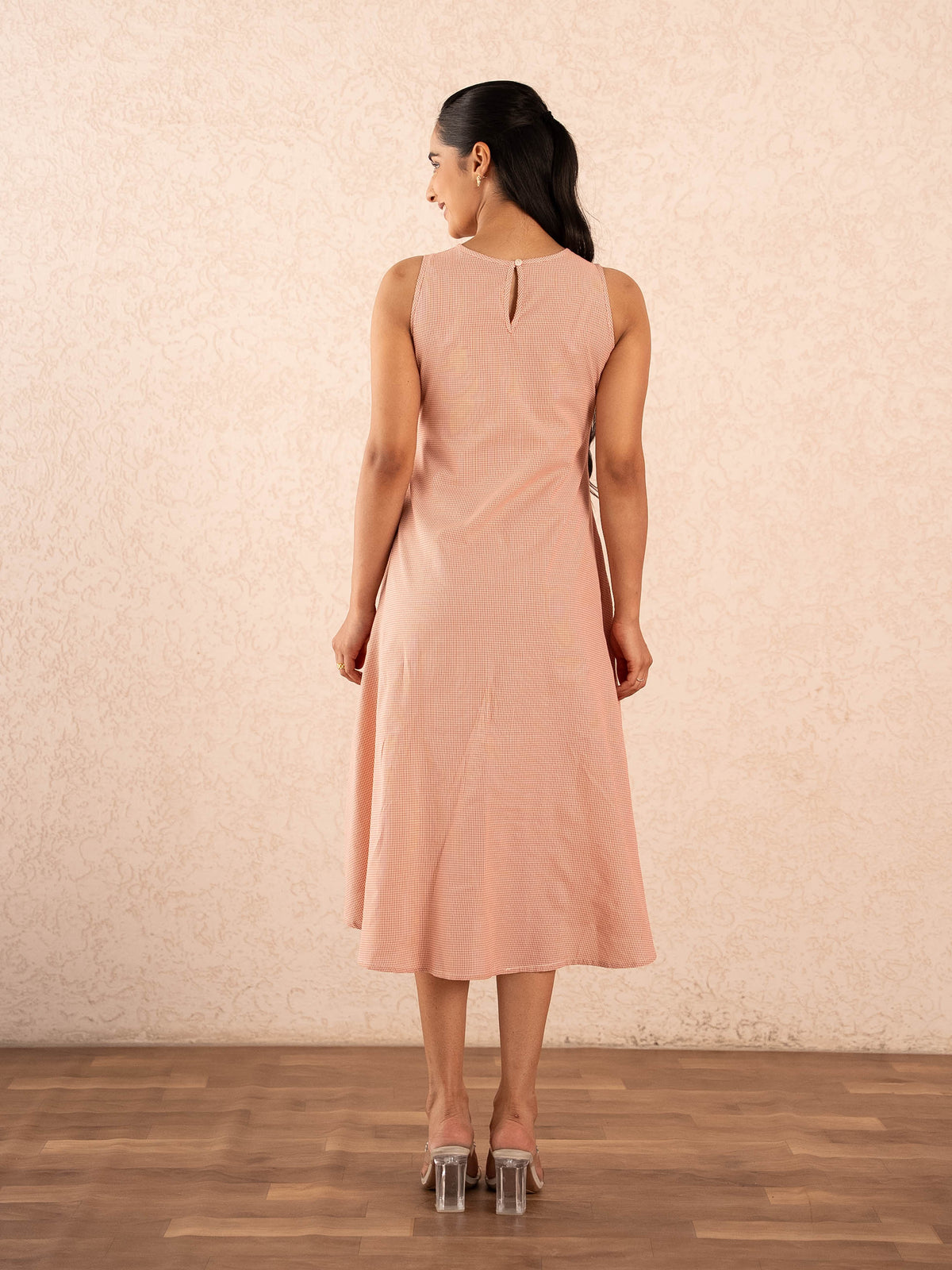 Peach Gingham Check Sleeveless A-Line Cotton Dress