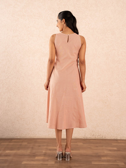 Peach Gingham Check Sleeveless A-Line Cotton Dress