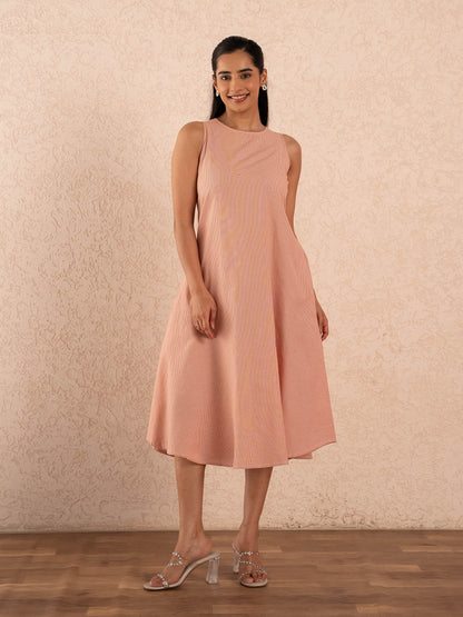 Peach Gingham Check Sleeveless A-Line Cotton Dress