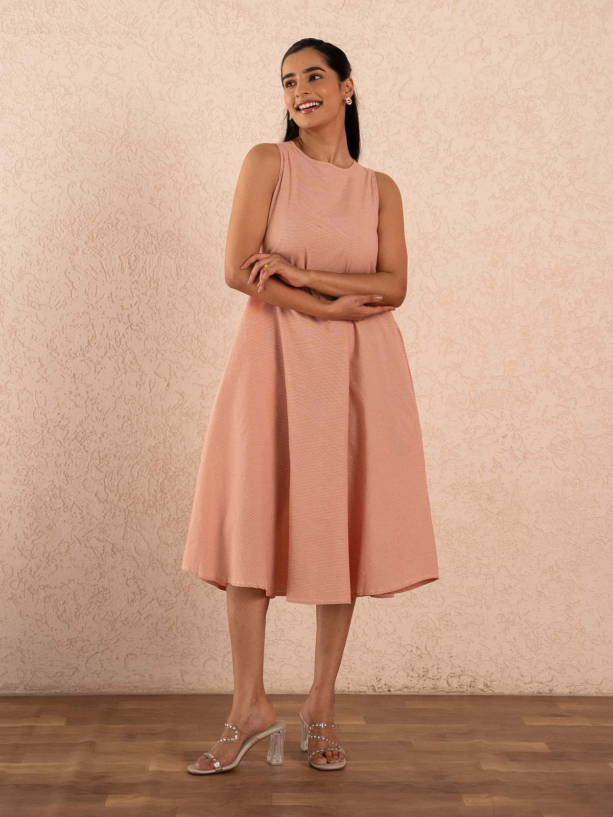Peach Gingham Check Sleeveless A-Line Cotton Dress