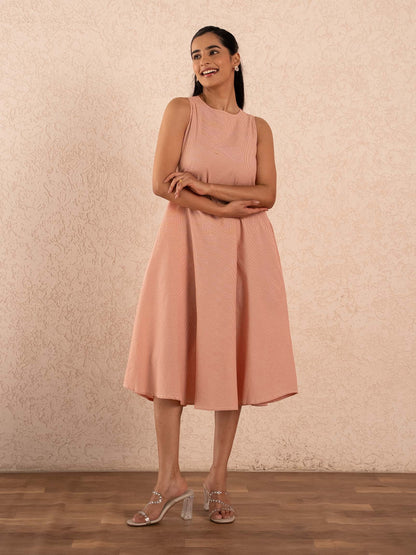 Peach Gingham Check Sleeveless A-Line Cotton Dress