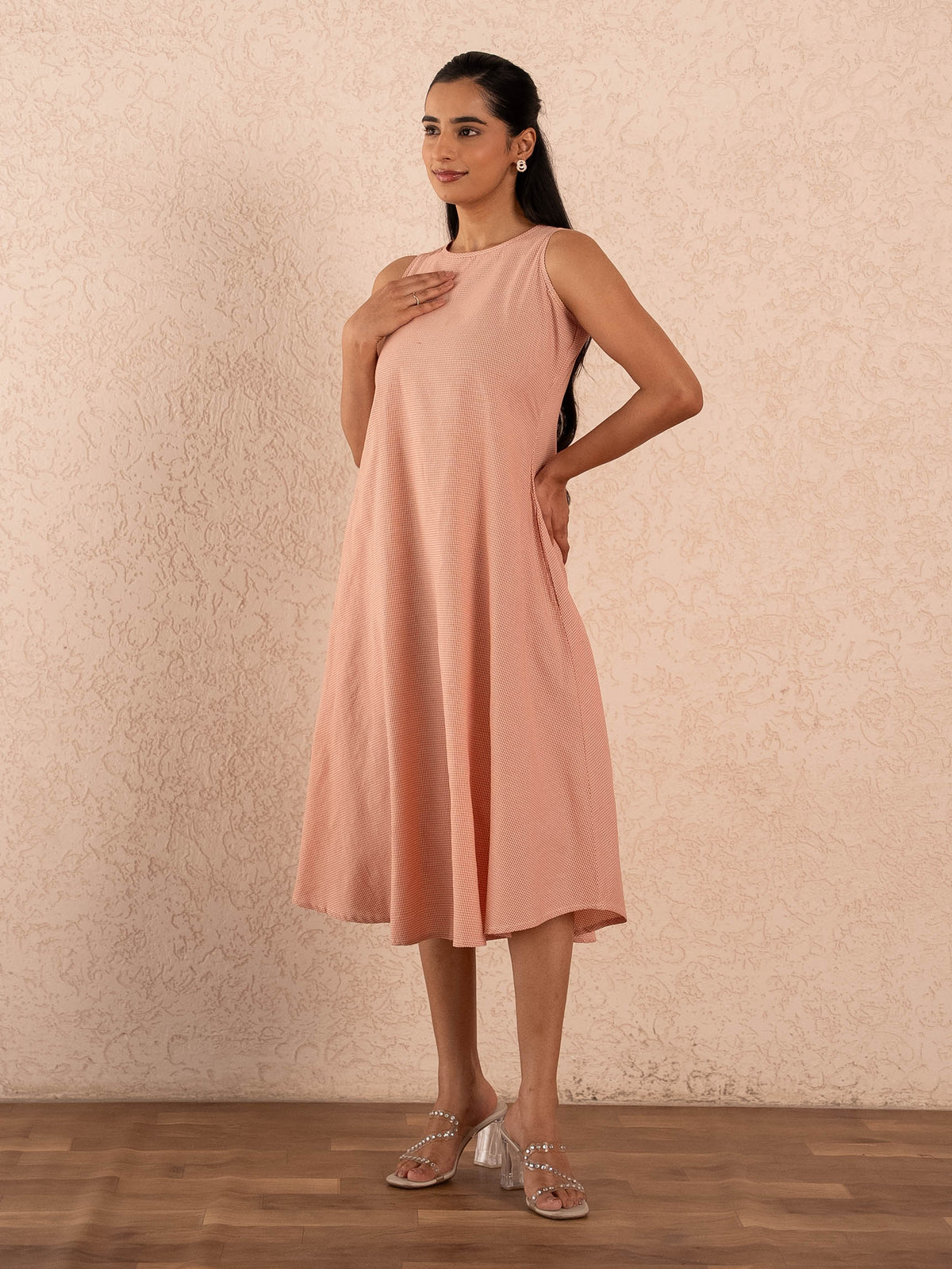 Peach Gingham Check Sleeveless A-Line Cotton Dress