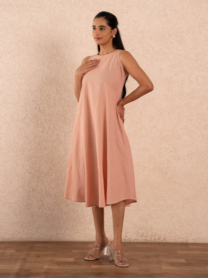 Peach Gingham Check Sleeveless A-Line Cotton Dress