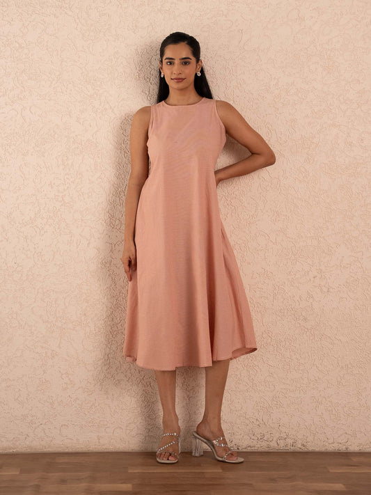Peach Gingham Check Sleeveless A-Line Cotton Dress