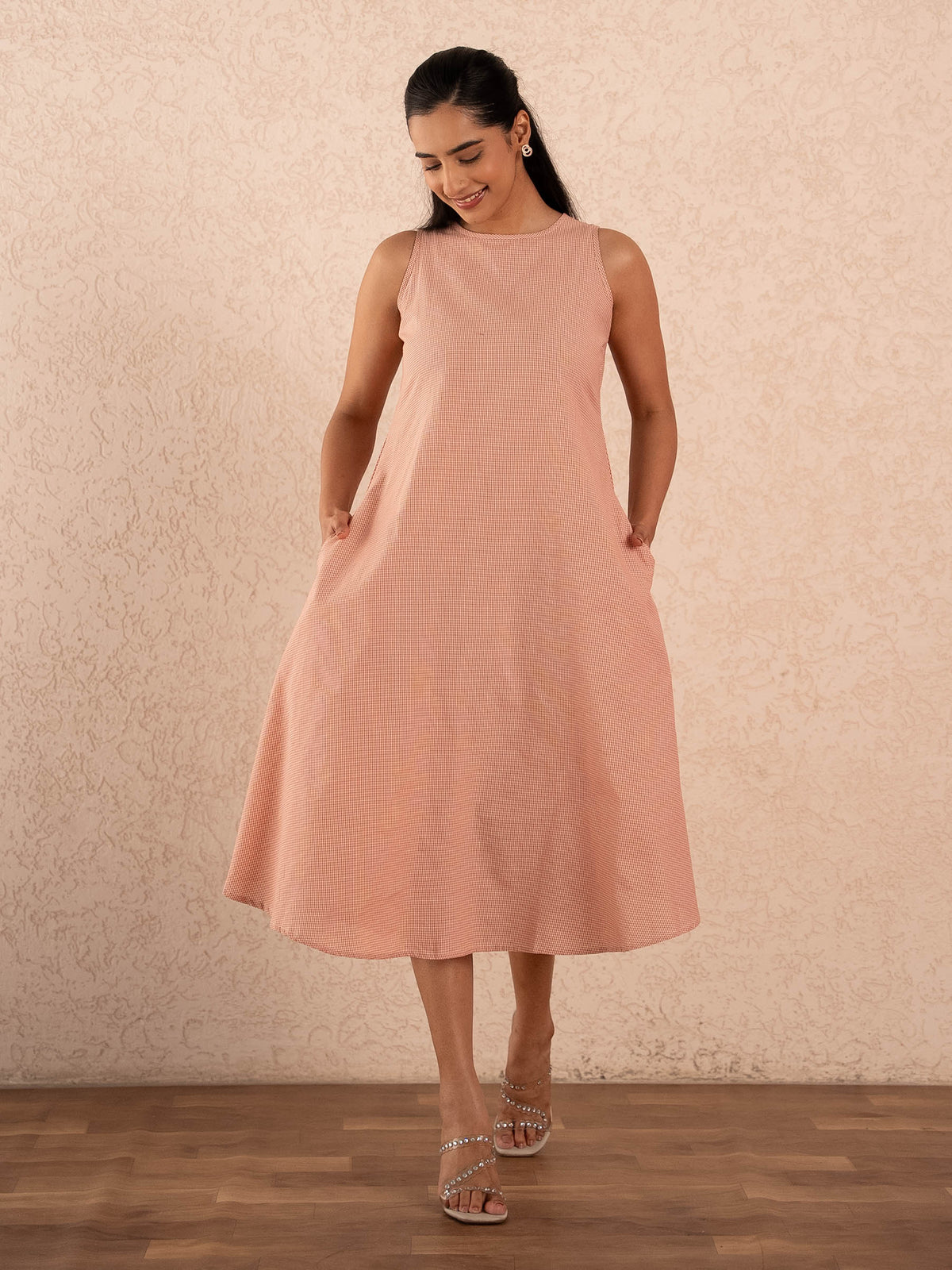 Peach Gingham Check Sleeveless A-Line Cotton Dress