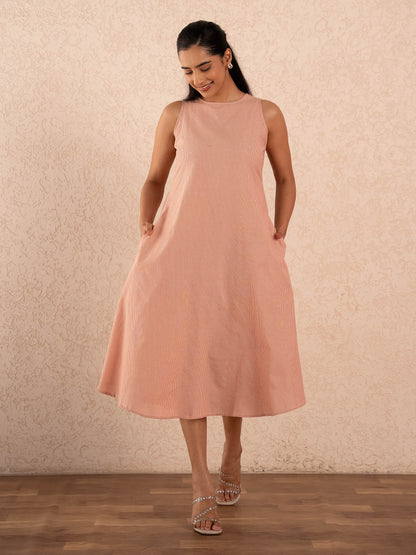 Peach Gingham Check Sleeveless A-Line Cotton Dress