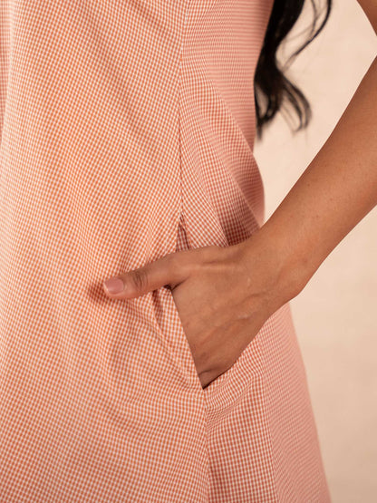 Peach Gingham Check Sleeveless A-Line Cotton Dress
