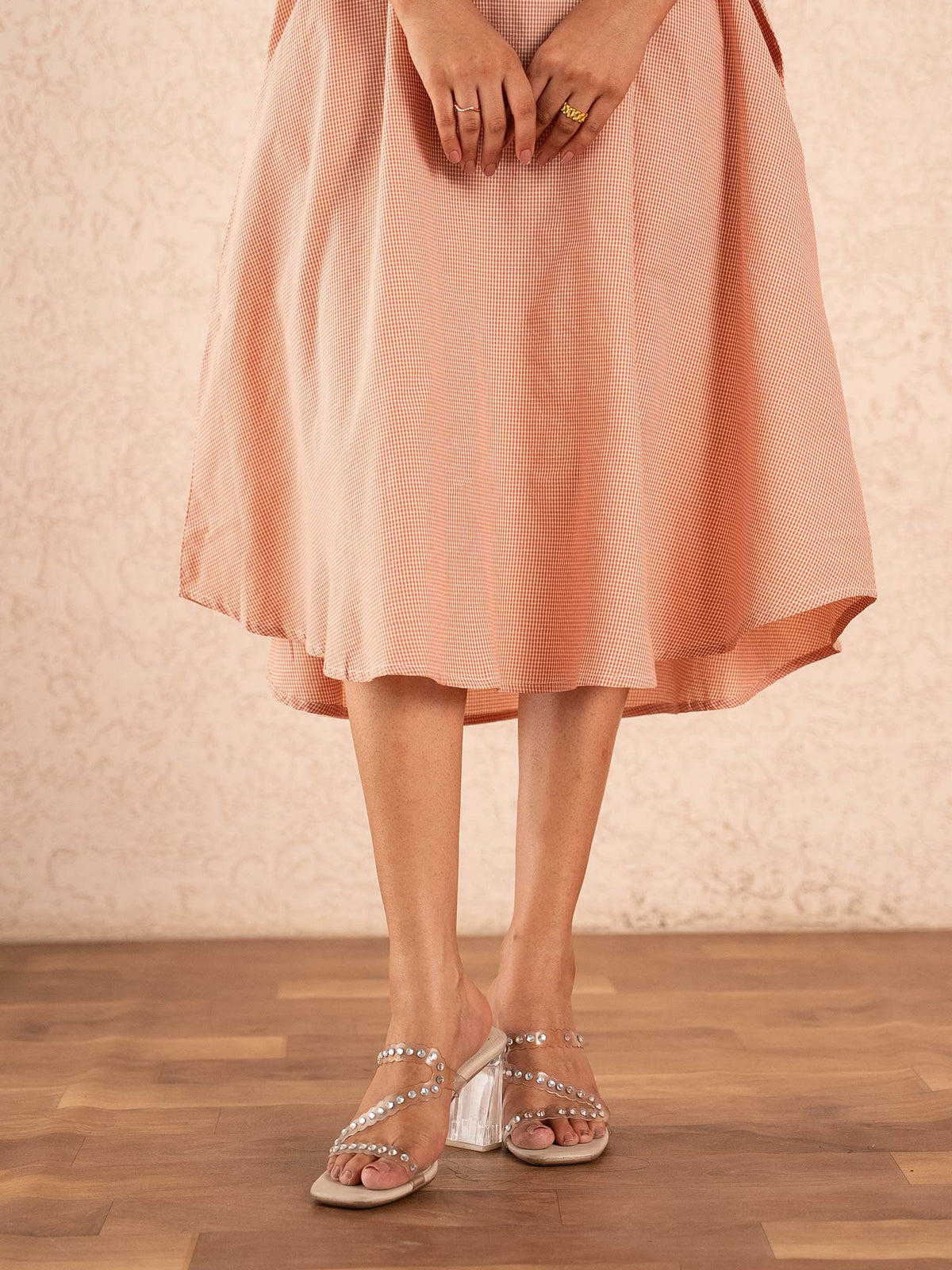 Peach Gingham Check Sleeveless A-Line Cotton Dress