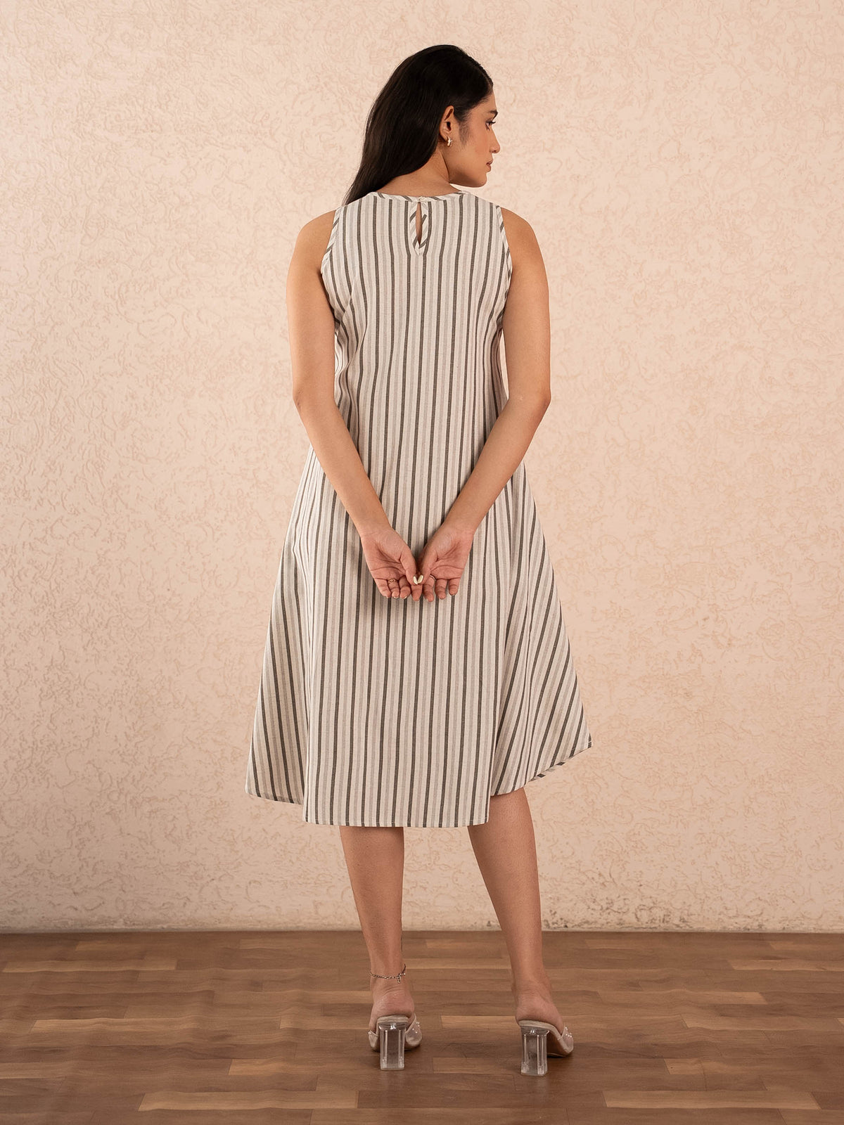 Off-White Striped Sleeveless A-Line Cotton Dresss