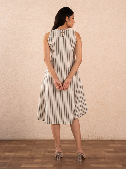 Off-White Striped Sleeveless A-Line Cotton Dresss