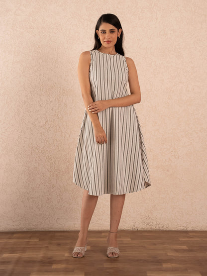 Off-White Striped Sleeveless A-Line Cotton Dresss