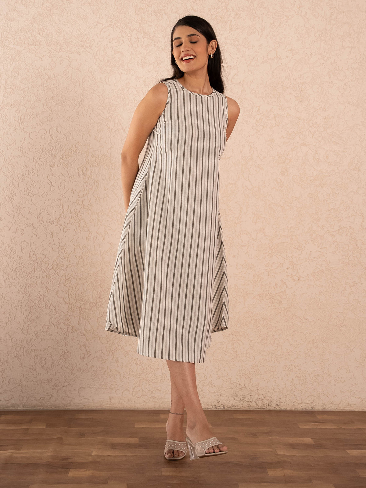 Off-White Striped Sleeveless A-Line Cotton Dresss