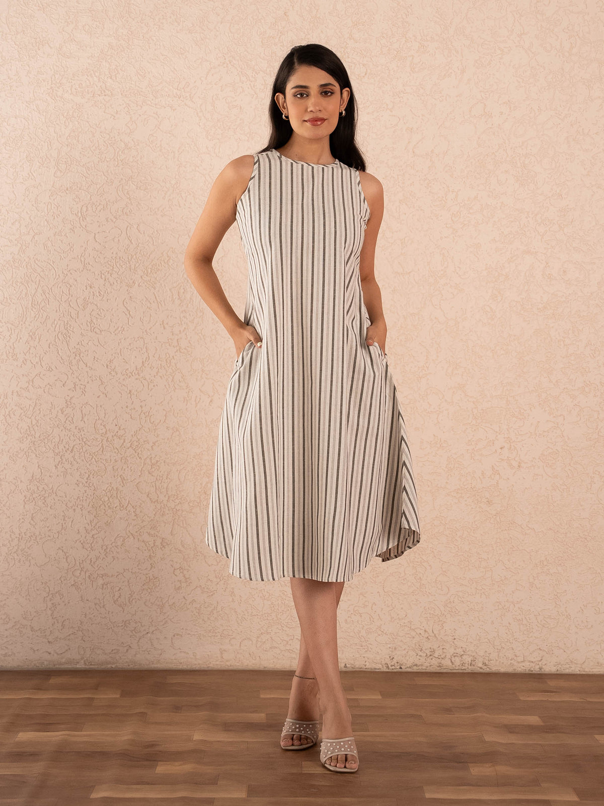 Off-White Striped Sleeveless A-Line Cotton Dresss