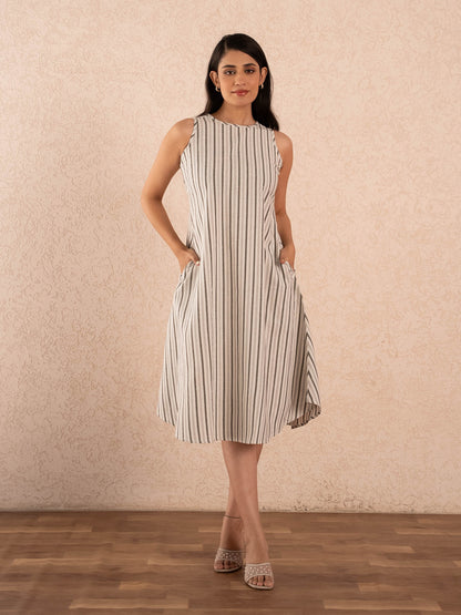 Off-White Striped Sleeveless A-Line Cotton Dresss