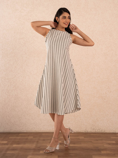 Off-White Striped Sleeveless A-Line Cotton Dresss