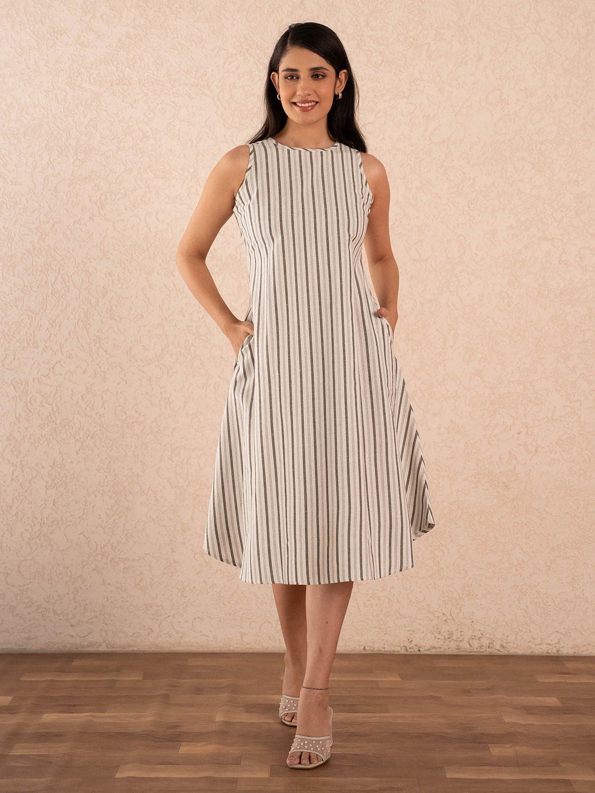 Off-White Striped Sleeveless A-Line Cotton Dresss