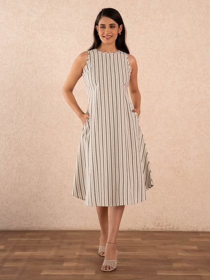 Off-White Striped Sleeveless A-Line Cotton Dresss