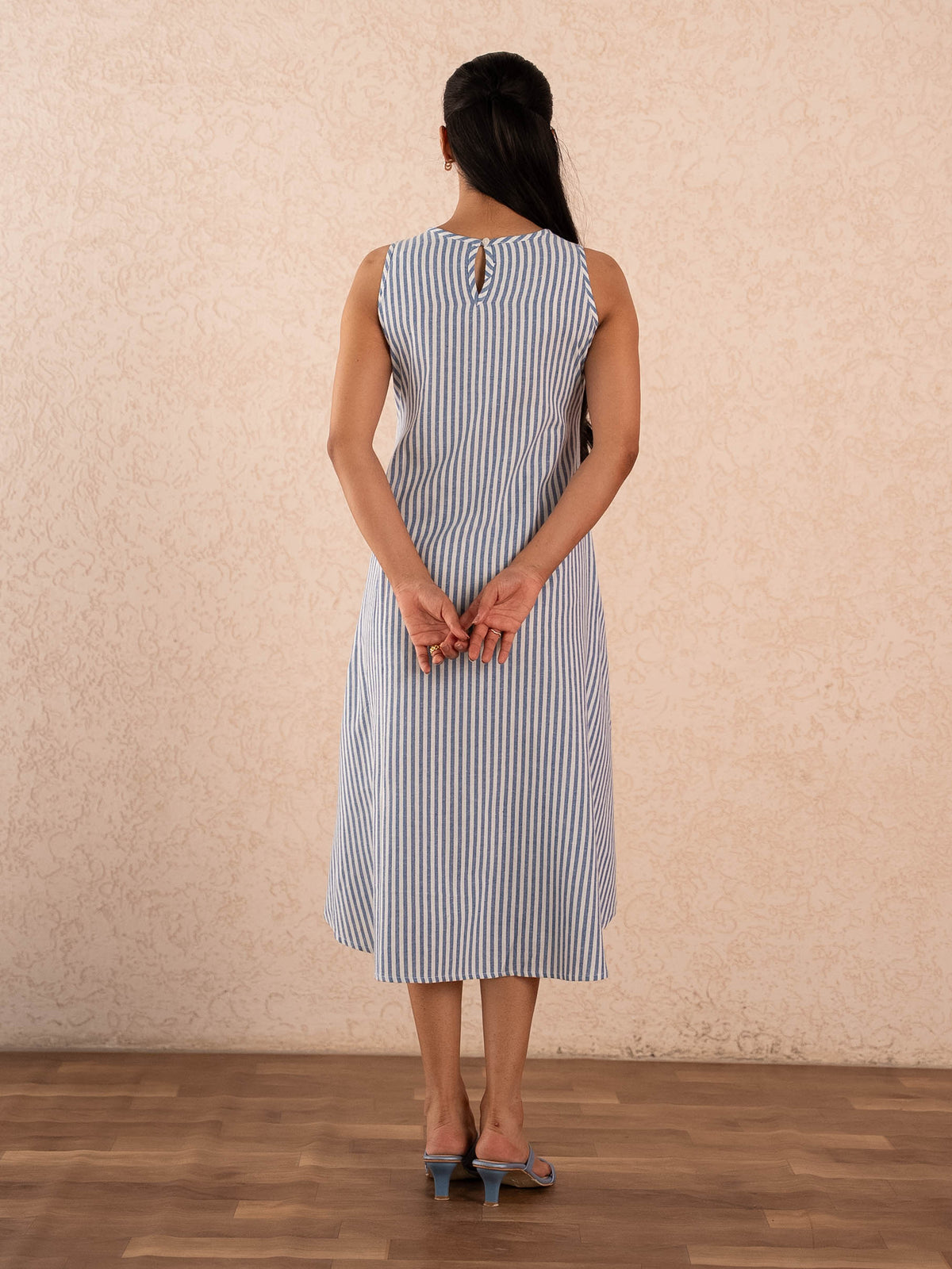 Blue & White Striped Sleeveless A-Line Cotton Dress