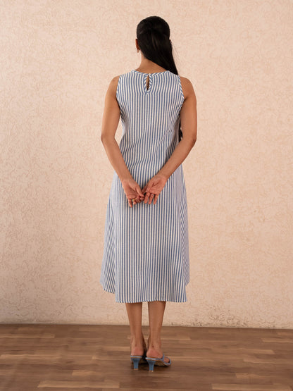 Blue & White Striped Sleeveless A-Line Cotton Dress
