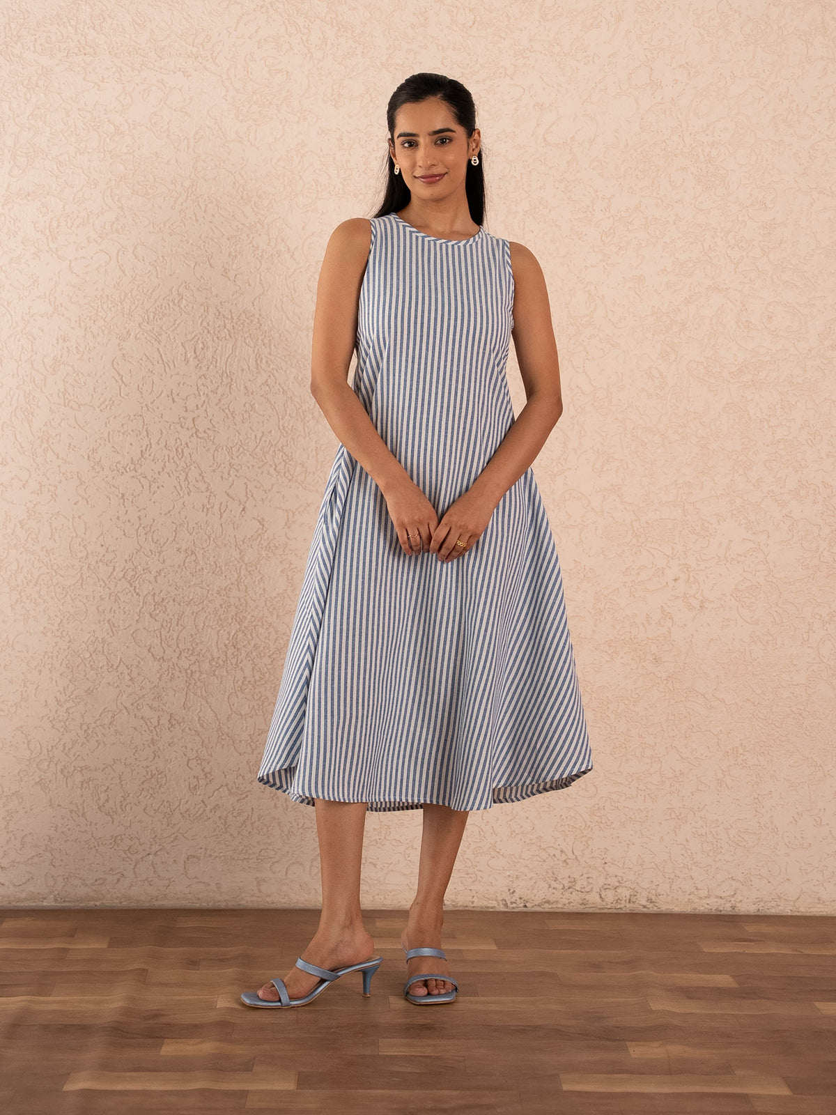 Blue & White Striped Sleeveless A-Line Cotton Dress