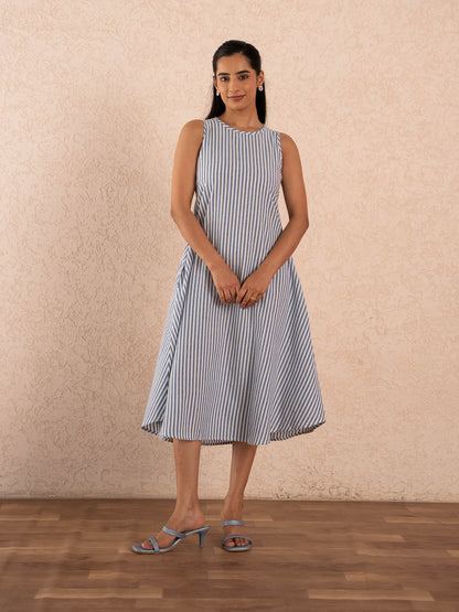 Blue & White Striped Sleeveless A-Line Cotton Dress