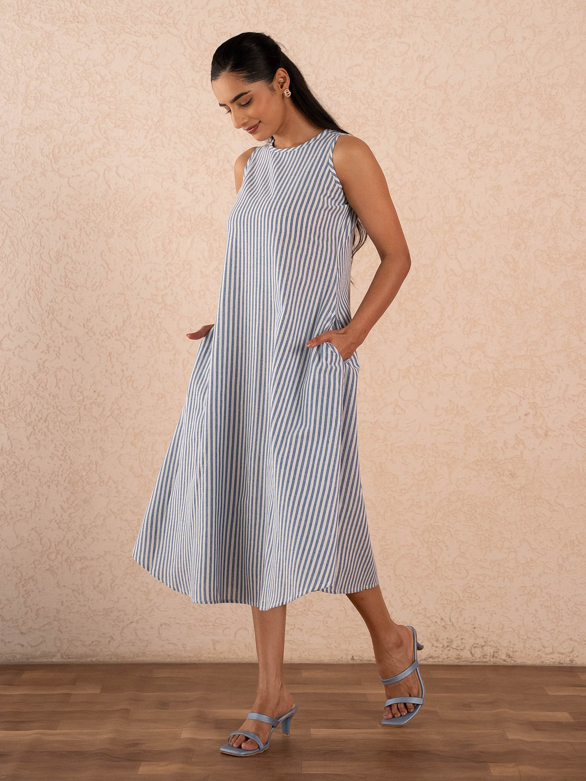 Blue & White Striped Sleeveless A-Line Cotton Dress