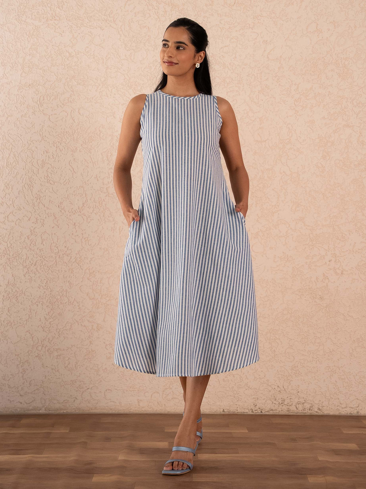 Blue & White Striped Sleeveless A-Line Cotton Dress