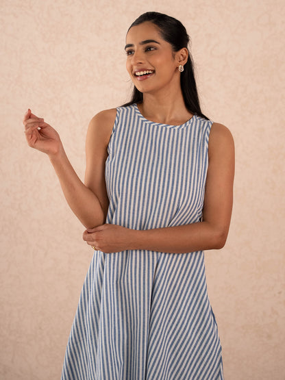 Blue & White Striped Sleeveless A-Line Cotton Dress
