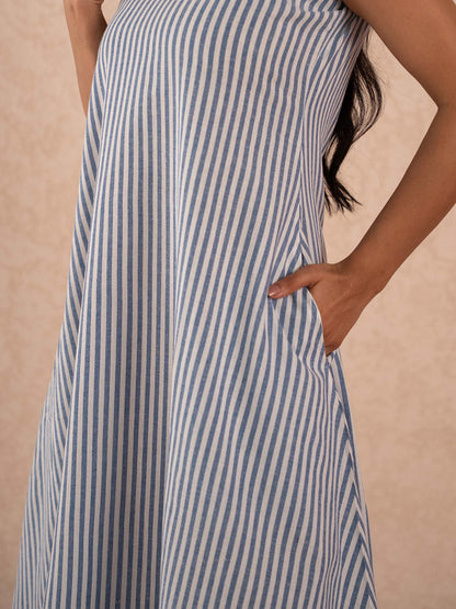 Blue & White Striped Sleeveless A-Line Cotton Dress