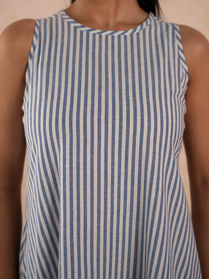 Blue & White Striped Sleeveless A-Line Cotton Dress