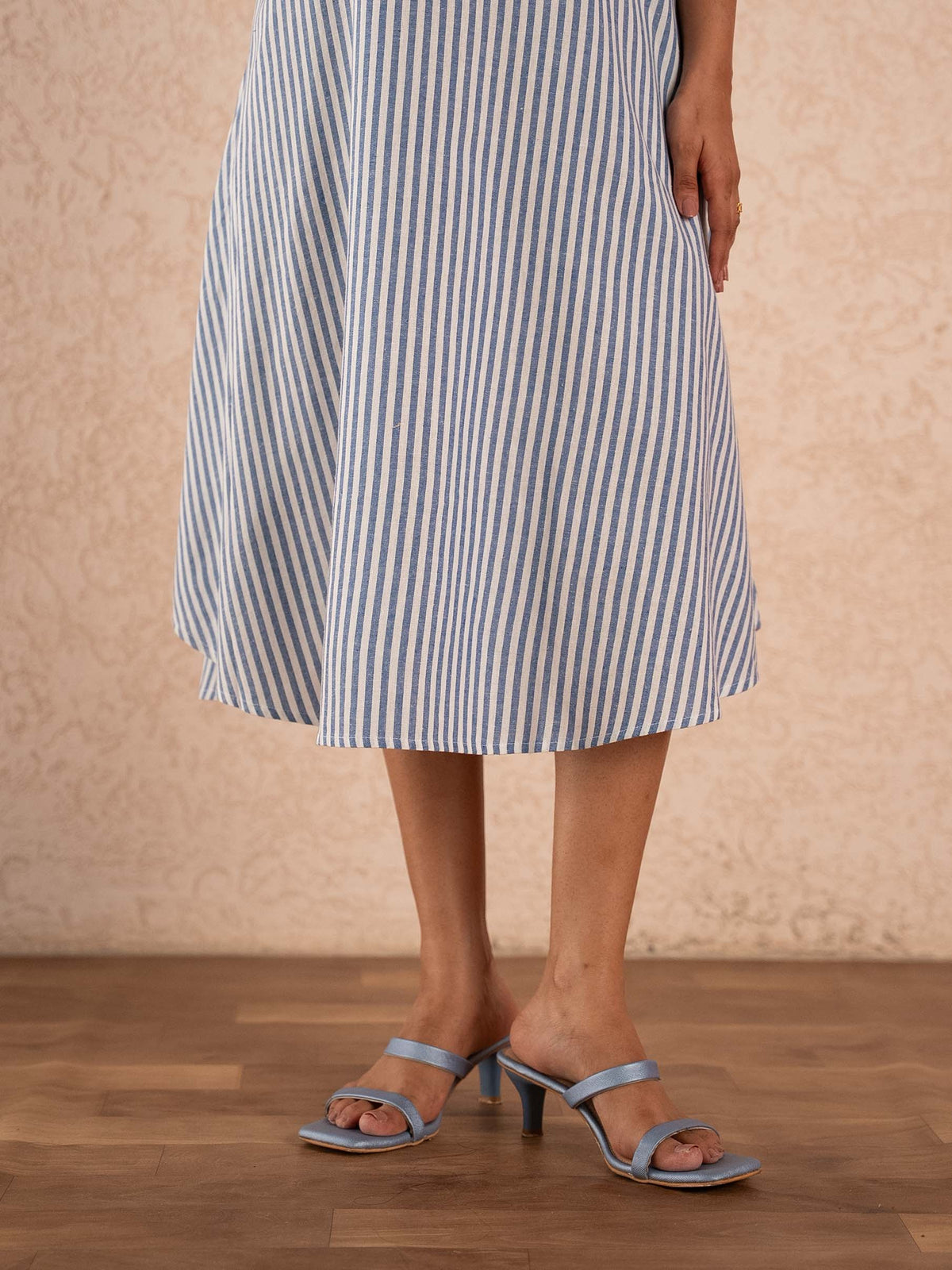 Blue & White Striped Sleeveless A-Line Cotton Dress