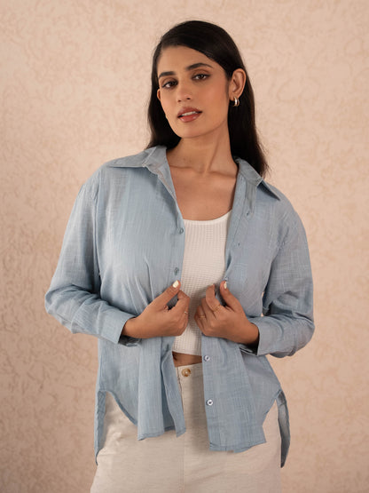Grey Blue Textured Relaxed Cotton Shirt