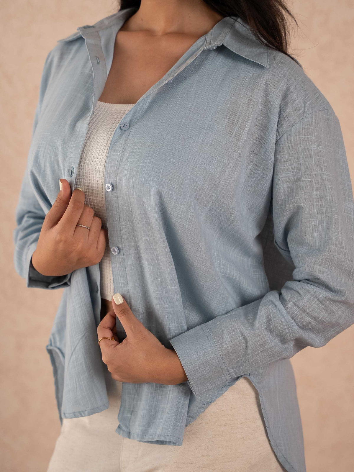 Grey Blue Textured Relaxed Cotton Shirt